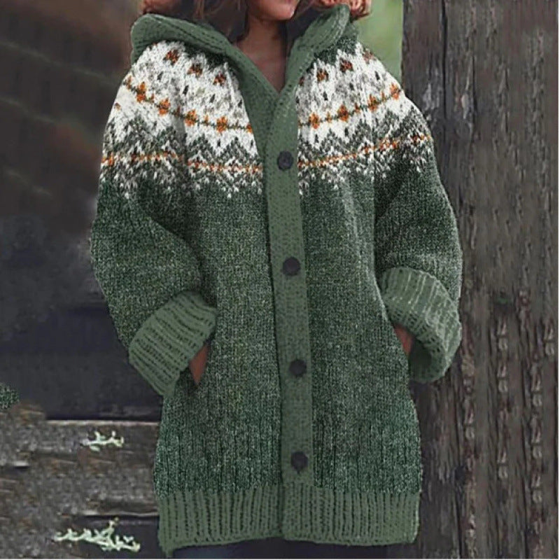 ⭐ 50% SLEVA 🔥 ✨ Nový dámský pletený svetr s kapucí, geometrickým vzorem a zapínáním na knoflíky, ideální na podzim a zimu, velikosti S–5XL.