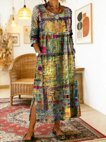 Manuela | Bohém maxi ruha etnikus patchwork mintával