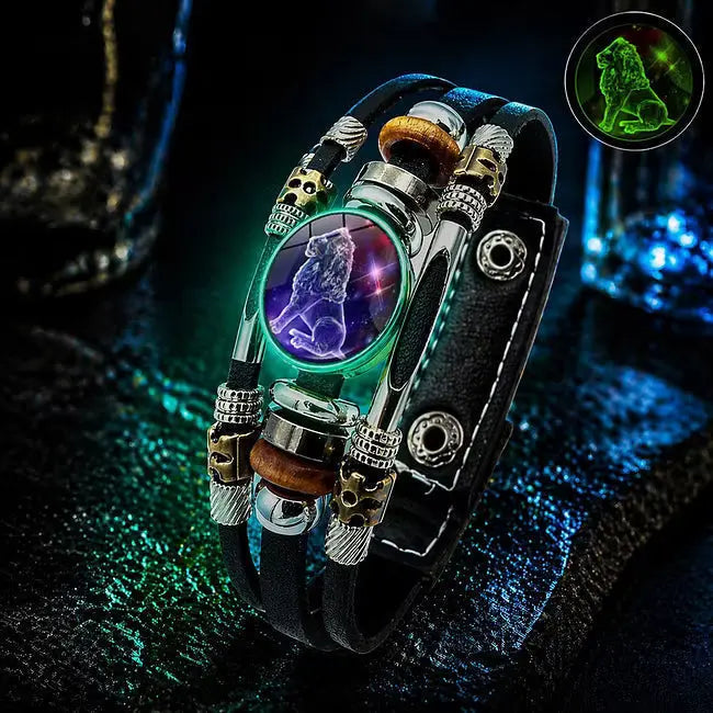 🌙 Svítící kožený náramek se znamením zvěrokruhu – třípramenný cop, nastavitelná délka, unisex 💫✨