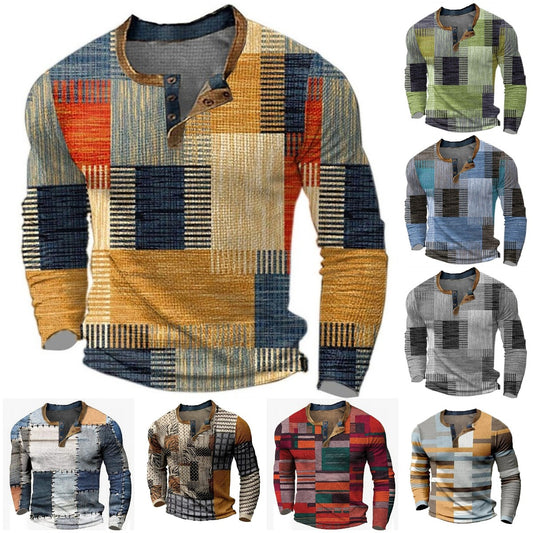 🌈👔 Pánské tričko s potiskem, stylový design, dlouhé rukávy, volný henley límec, dostupné ve více barvách [S-4XL]