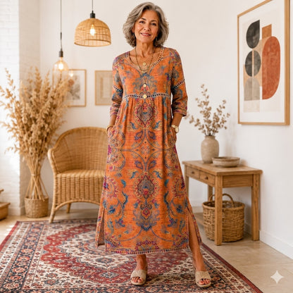 Julieta | Retro elegáns, testhezálló ruha, kerek nyakú, virágmintás maxi ruha