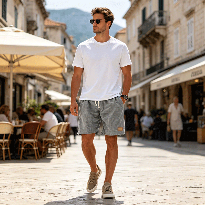 ⏳🔥【Utolsó nap -50%】👖【S-5XL】【55-110 kg】Férfi lezser rövidnadrág 2026 lenvászon hatással és húzózsinórral (nagy méretekben).