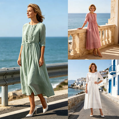 🌺💃♥【50% kedvezmény】Hosszú, nyári szünidei ruha kerek nyakkivágással és feszes derékkal, pamutból és lenvászonból.