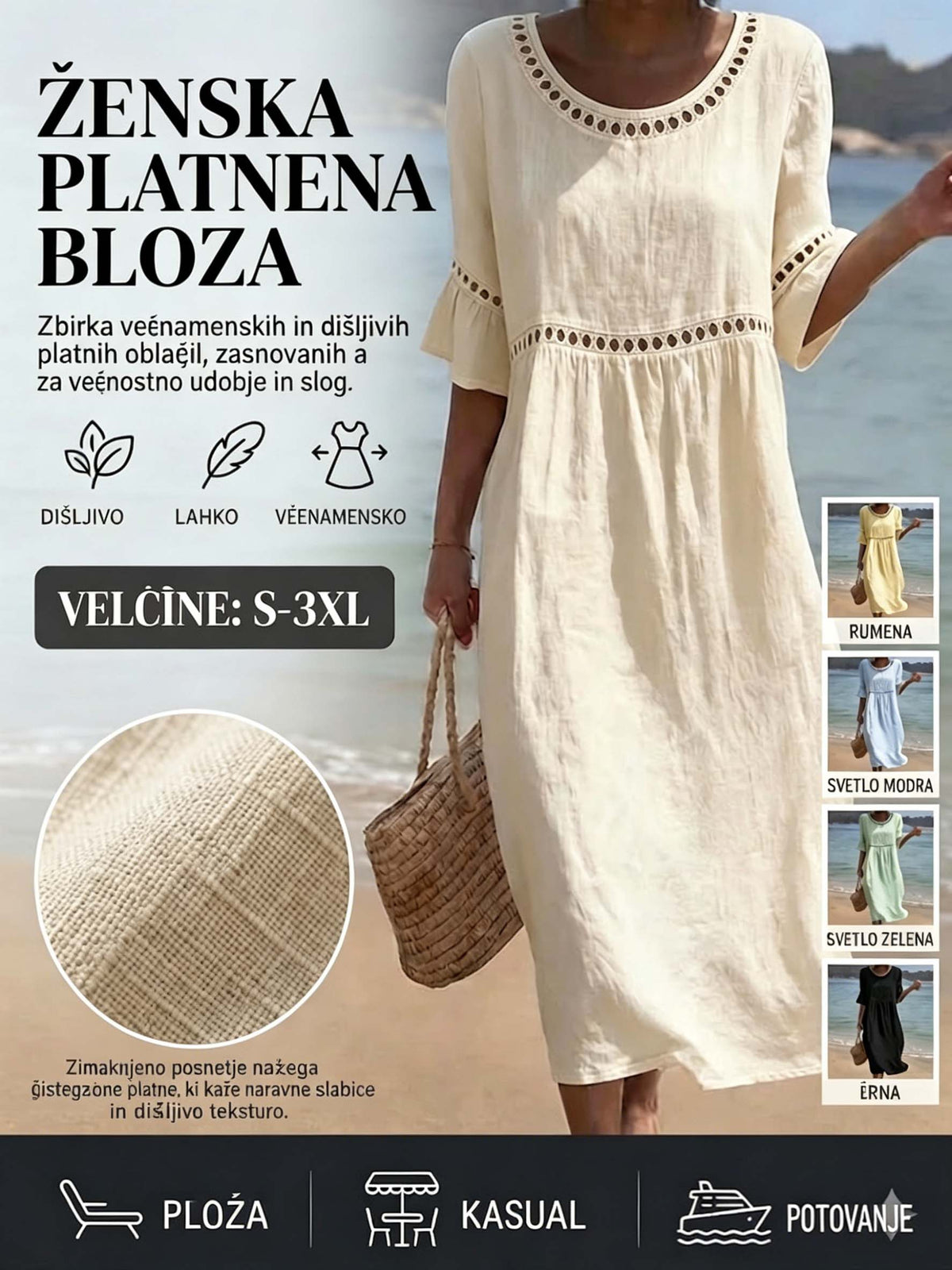 💎2026 Visoka kakovost💎【S-3XL】Ženska obleka iz bombaža in lana — z napihnjenimi rokavi, zračna, mehka in udobna