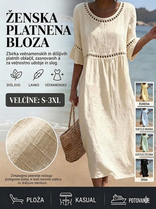 💎2026 Visoka kakovost💎【S-3XL】Ženska obleka iz bombaža in lana — z napihnjenimi rokavi, zračna, mehka in udobna