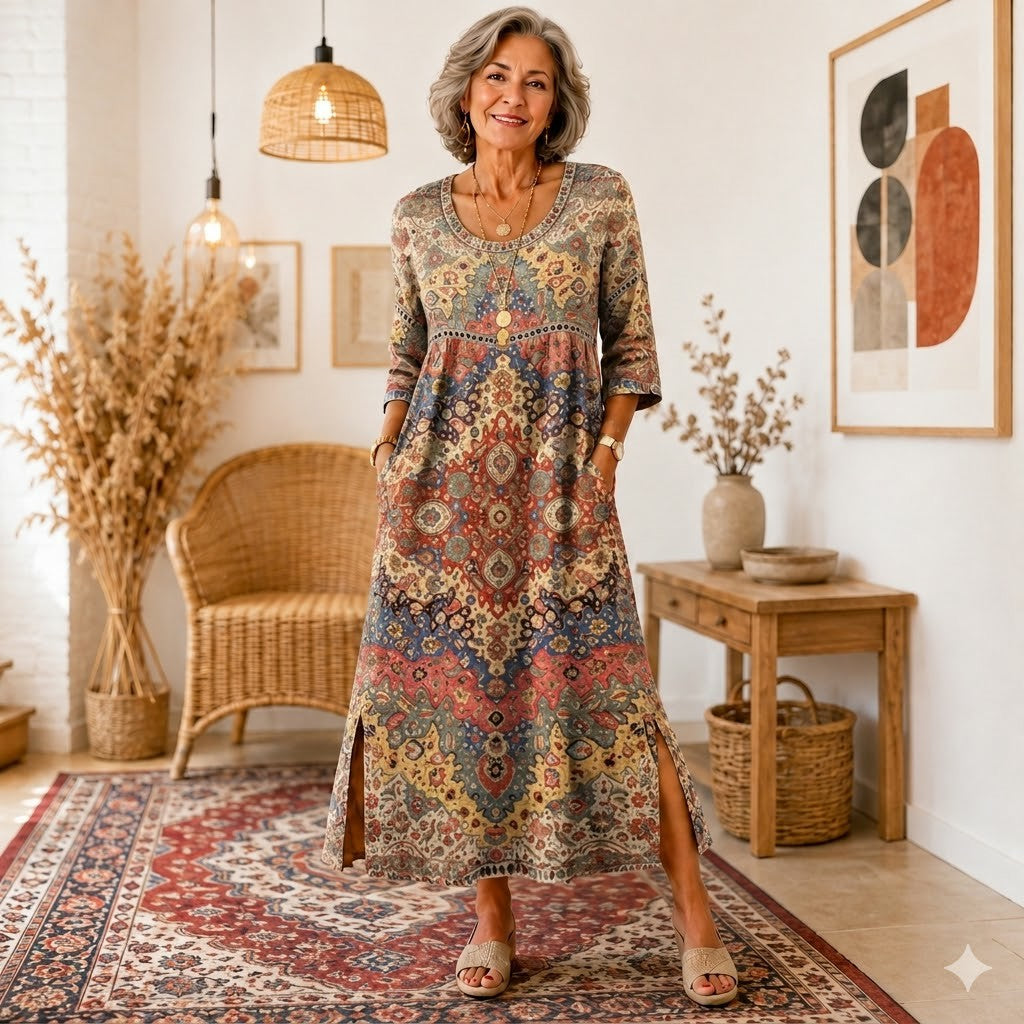 Julieta | Retro elegáns, testhezálló ruha, kerek nyakú, virágmintás maxi ruha