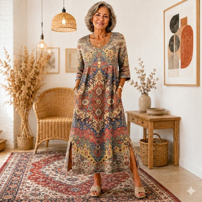Julieta | Retro elegáns, testhezálló ruha, kerek nyakú, virágmintás maxi ruha
