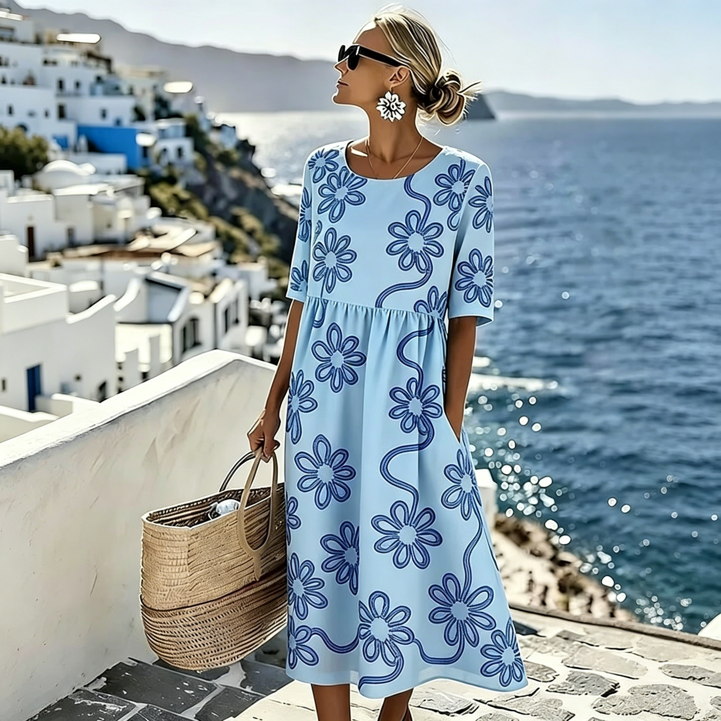 👗【S-4XL】2026 nyári hétköznapi mintás ruha, kerek nyakkal, zsebekkel – Utánvéttel elérhető!
