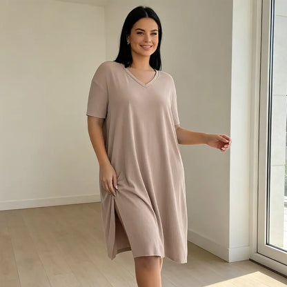 Női kétrészes nyári szett plus size nőknek, hosszú póló oldalsó hasítékkal és rövidnadrág, puha, rugalmas és lélegző anyagból