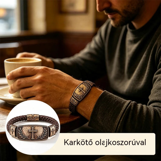 Férfi szőtt bőr karkötő, kereszttel és olajbogyó koszorúval díszítve, vintage fémből, különleges ajándék.
