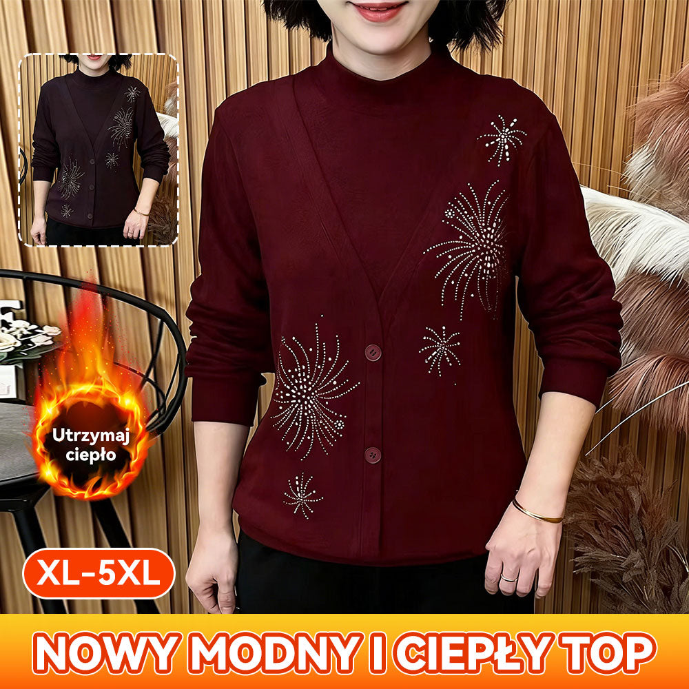 🔥🔥 【XL–5XL】Nowa kolekcja 2026 – zimowa luźna, uniwersalna bluzka z długim rękawem, zdobiona cyrkoniami
