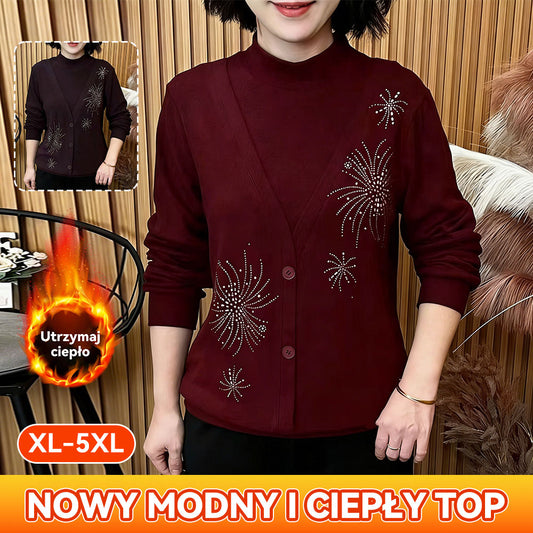 🔥🔥 【XL–5XL】Nowa kolekcja 2026 – zimowa luźna, uniwersalna bluzka z długim rękawem, zdobiona cyrkoniami