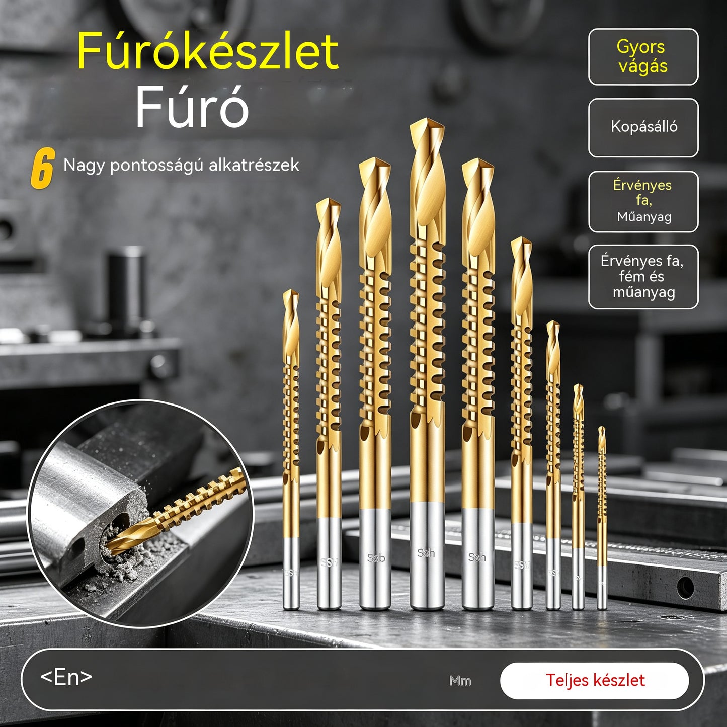 🧰【3+4+5+6+6,5+8 mm】⚙️ Csigafúró készlet: Nagy sebességű acél, titánbevonatú, és számos anyaggal kompatibilis 🧰
