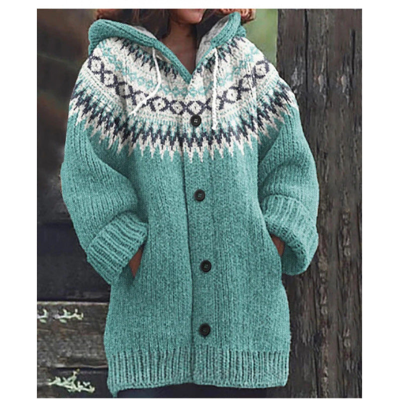 ⭐ 50% SLEVA 🔥 ✨ Nový dámský pletený svetr s kapucí, geometrickým vzorem a zapínáním na knoflíky, ideální na podzim a zimu, velikosti S–5XL.