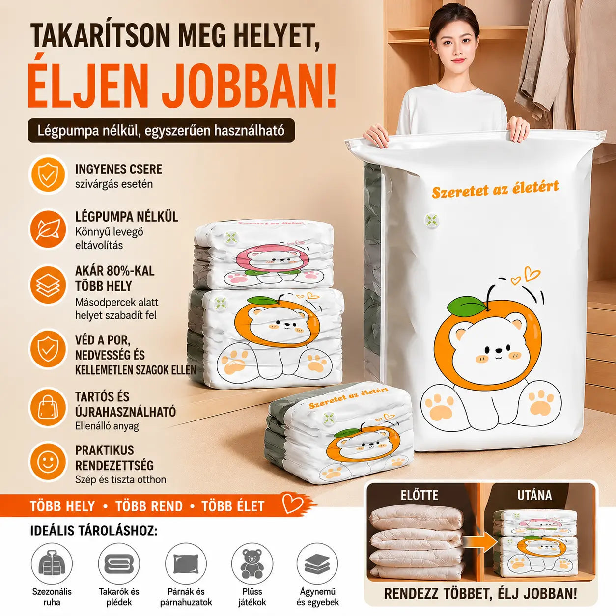 ✨🗃️ 5 darab 9900 Ft -ért 💨 Nagy méretű vákuumos tárolózsák: nem igényel pumpát, szivárgásmentes, ideális helytakarékossághoz bőröndben és otthon ✈️