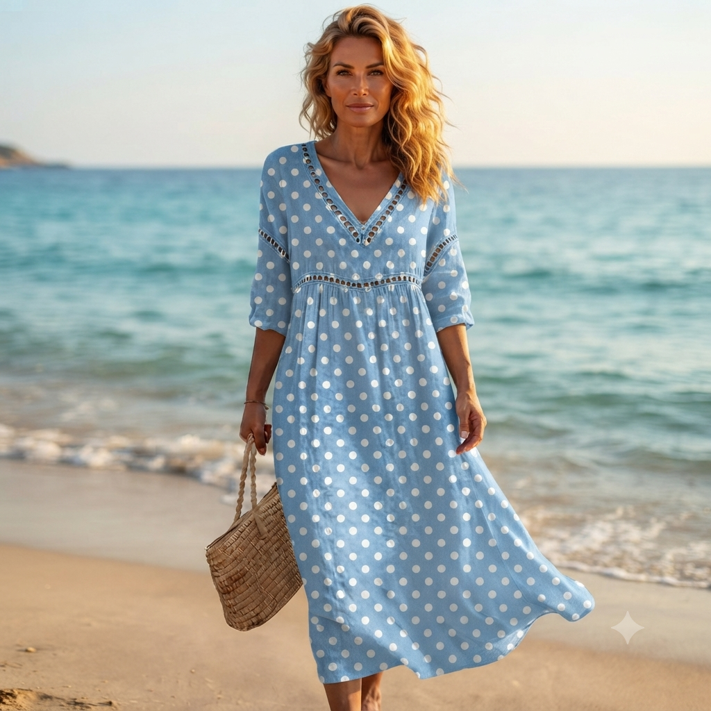 👗【S-3XL】Női hosszú, pamut és lenvászon ruha mintával - nyári fazon, V-nyakú