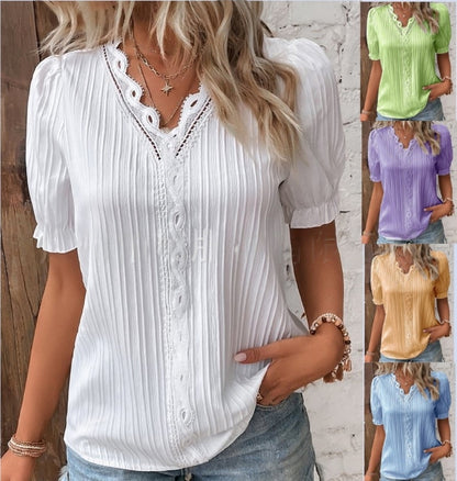 💞【50% kedvezmény】【S-5XL méretek】Új pamutvászon csipkés V-nyakú póló