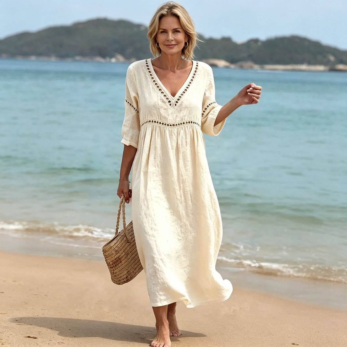 👗【S-3XL】Nyári divatos pamutvászon ruha, V-nyakú kialakítás, lélegző és kényelmes, karcsúsító