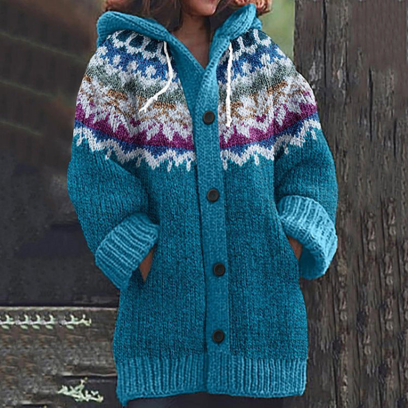 ⭐ 50% SLEVA 🔥 ✨ Nový dámský pletený svetr s kapucí, geometrickým vzorem a zapínáním na knoflíky, ideální na podzim a zimu, velikosti S–5XL.