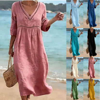 👗【S-3XL】Nyári divatos pamutvászon ruha, V-nyakú kialakítás, lélegző és kényelmes, karcsúsító