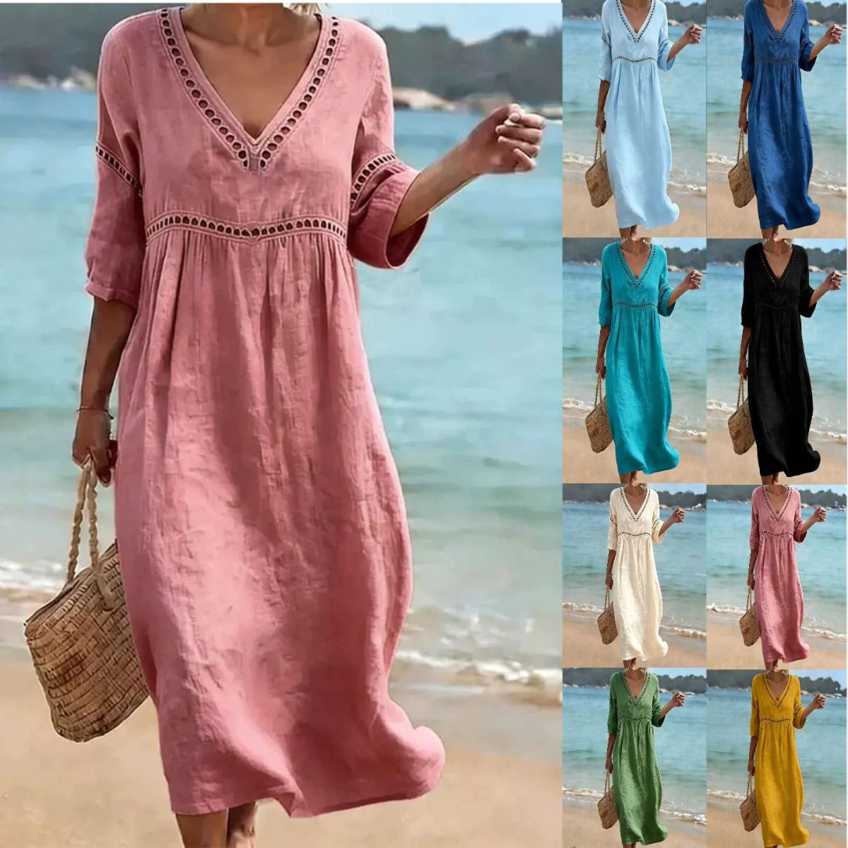 👗【S-3XL】Nyári divatos pamutvászon ruha, V-nyakú kialakítás, lélegző és kényelmes, karcsúsító