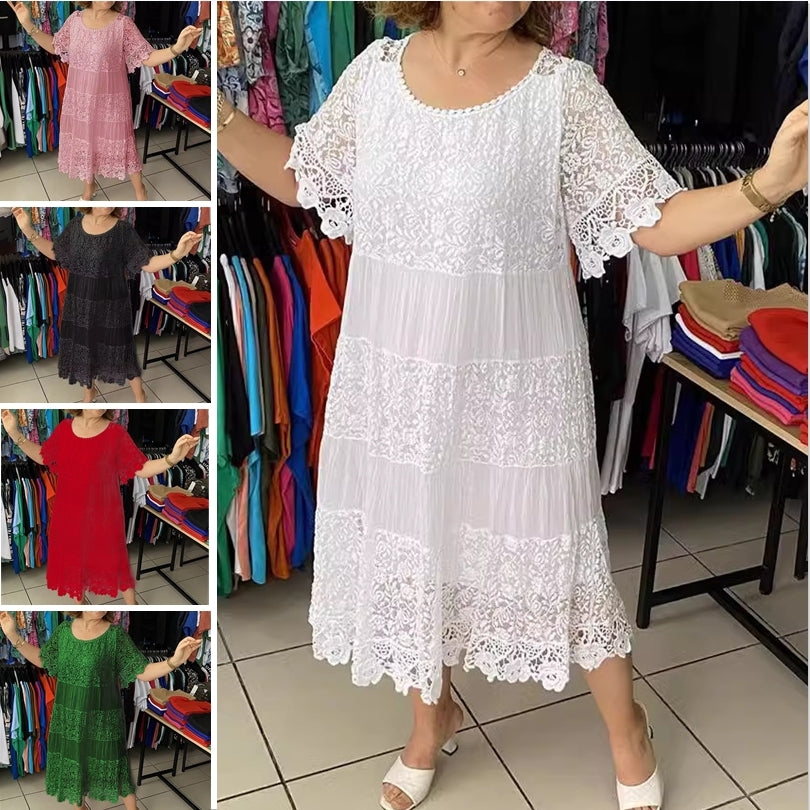 👗【S-5XL】Új stílusú rövid ujjú kerek nyakú csipke elegáns ruha