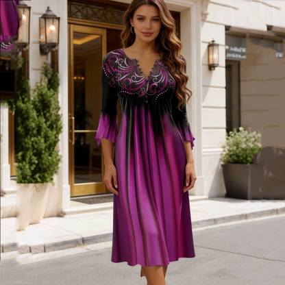 V-nyakú ruha (S-5XL) elegáns hímzéssel és zsebes kialakítással a nagyobb praktikum érdekében.