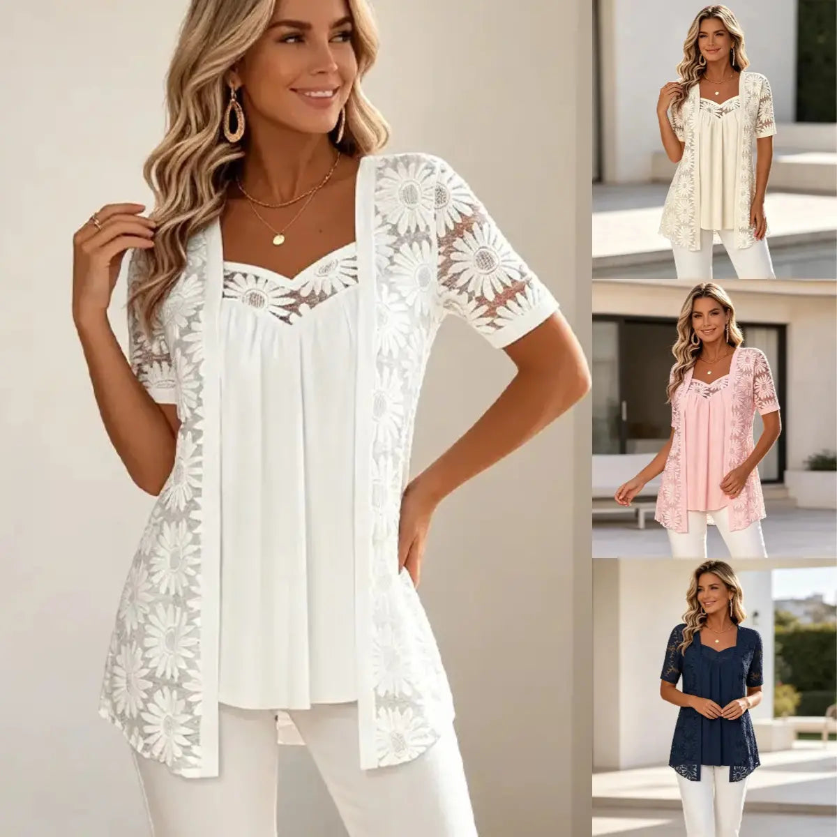 👚 Elegantní halenky 2 v 1 s krajkou a síťovinou – zeštíhlující střih proti bříšku, 5 barev, velikosti S–4XL! 🌸✨