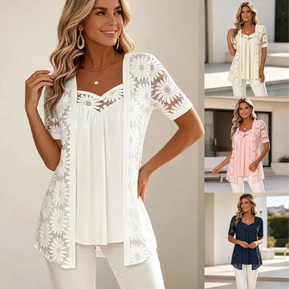 👚 Elegantní halenky 2 v 1 s krajkou a síťovinou – zeštíhlující střih proti bříšku, 5 barev, velikosti S–4XL! 🌸✨