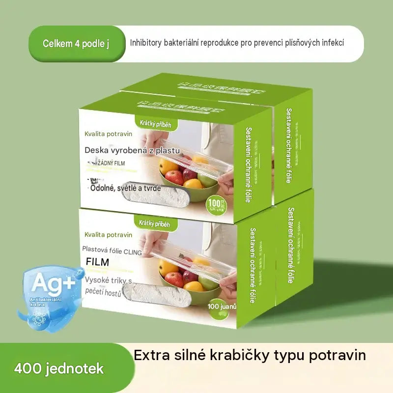 Velmi silné, balení 4 krabic (400 kusů) – 750 Kč – Antibakteriální elastické obaly na potraviny; jednorázové sáčky na potraviny, vhodné do kuchyně nebo lednice.
