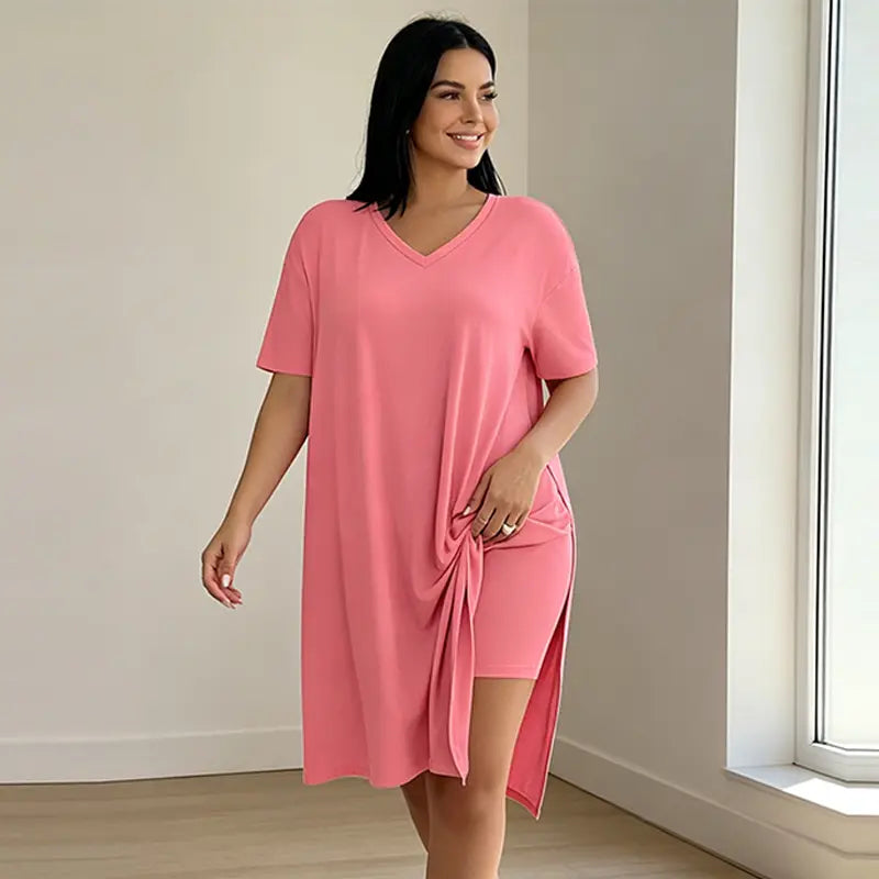Női kétrészes nyári szett plus size nőknek, hosszú póló oldalsó hasítékkal és rövidnadrág, puha, rugalmas és lélegző anyagból