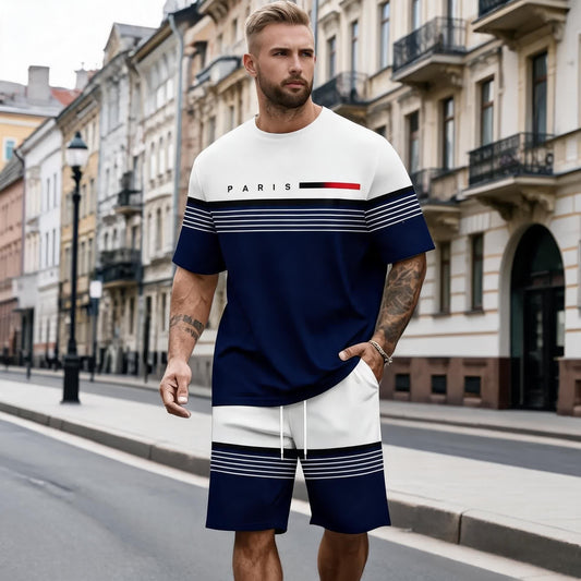 【S-5XL】Férfi, lezser és kényelmes szett, amely egy rövid ujjú ingből és egy nyomtatott feliratú rövidnadrágból áll.
