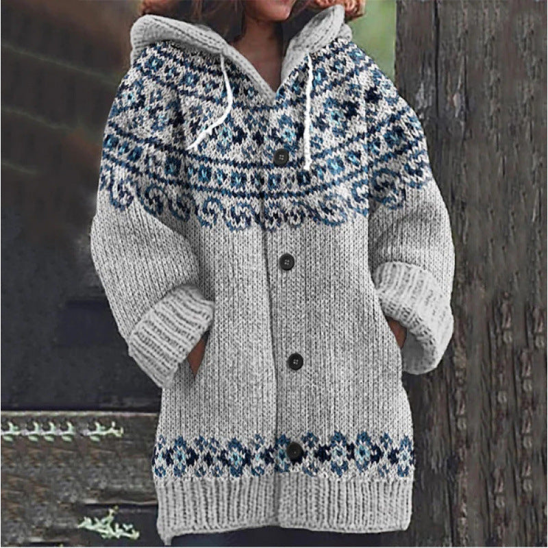 ⭐ 50% SLEVA 🔥 ✨ Nový dámský pletený svetr s kapucí, geometrickým vzorem a zapínáním na knoflíky, ideální na podzim a zimu, velikosti S–5XL.