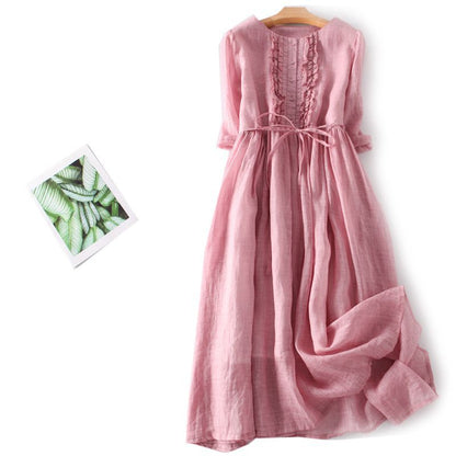🌺💃♥【50% kedvezmény】Hosszú, nyári szünidei ruha kerek nyakkivágással és feszes derékkal, pamutból és lenvászonból.
