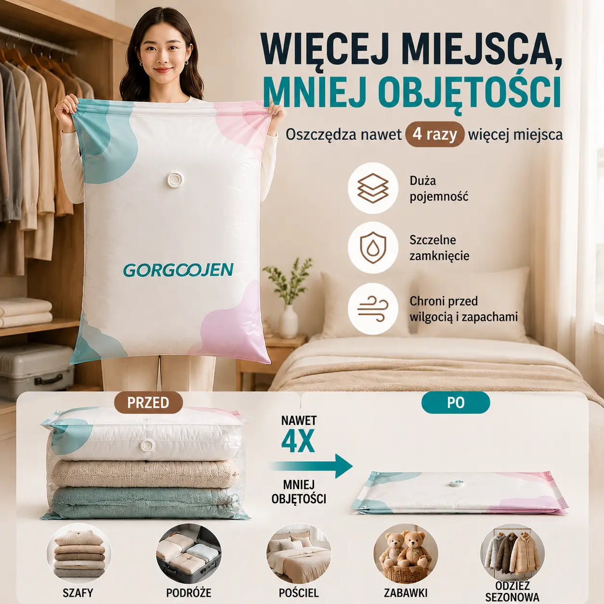 🧳5 za 129 zł.💨 Duży, kompresowalny worek próżniowy do przechowywania: nie wymaga pompki, szczelny i idealny do oszczędzania miejsca w walizkach i w domu ✈️