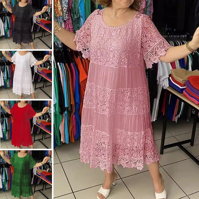 👗【S-5XL】Új stílusú rövid ujjú kerek nyakú csipke elegáns ruha