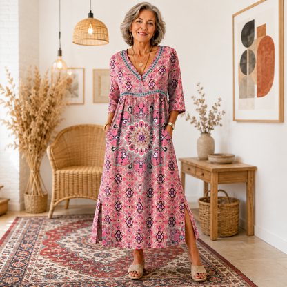Julieta | Retro elegáns, testhezálló ruha, kerek nyakú, virágmintás maxi ruha