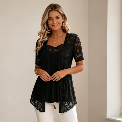 👚 Elegantní halenky 2 v 1 s krajkou a síťovinou – zeštíhlující střih proti bříšku, 5 barev, velikosti S–4XL! 🌸✨