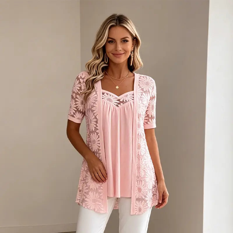 👚 Elegantní halenky 2 v 1 s krajkou a síťovinou – zeštíhlující střih proti bříšku, 5 barev, velikosti S–4XL! 🌸✨