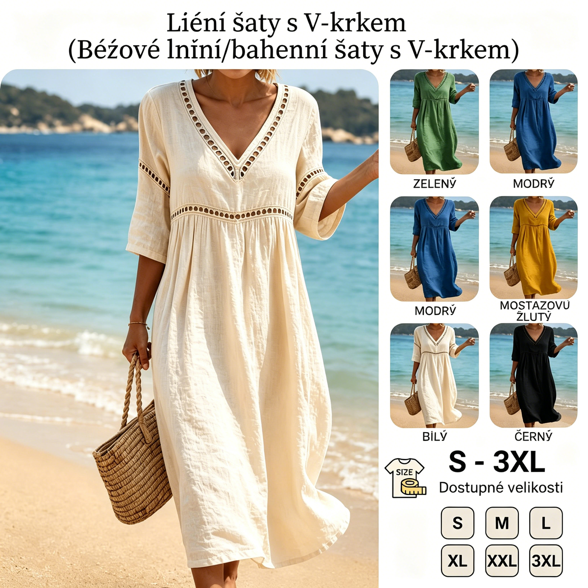 👗【S-3XL】Nyári divatos pamutvászon ruha, V-nyakú kialakítás, lélegző és kényelmes, karcsúsító
