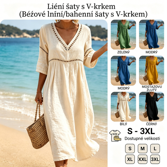 👗【S-3XL】Nyári divatos pamutvászon ruha, V-nyakú kialakítás, lélegző és kényelmes, karcsúsító