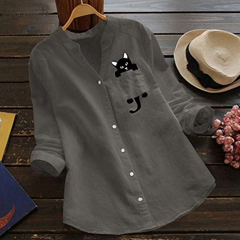 【S-3XL】😻 Hosszú ujjú V-nyakú macskamintás pamutblúz