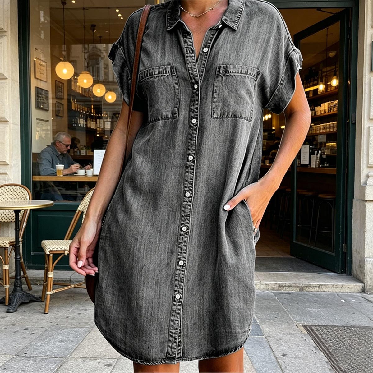 🔥【S-5XL】2026 Új Divatos és Elegáns Női Rövid Ujjú Farmer Ing Ruha