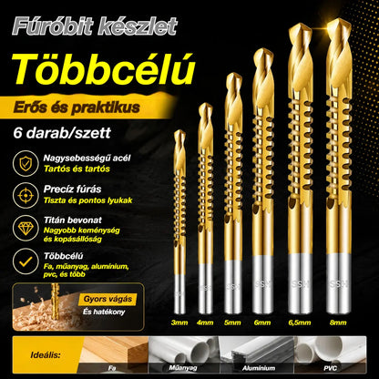 🧰【3+4+5+6+6,5+8 mm】⚙️ Csigafúró készlet: Nagy sebességű acél, titánbevonatú, és számos anyaggal kompatibilis 🧰