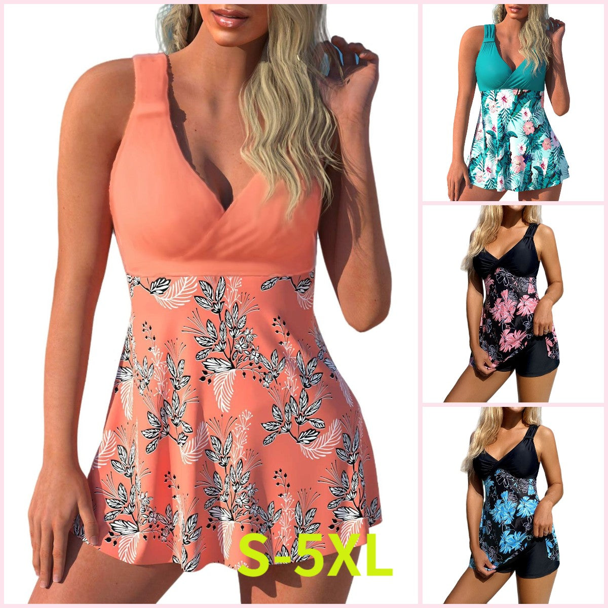 🌴🏖️🌈【S-5XL】😍 Damski zestaw kąpielowy z dużym kwiatowym nadrukiem, szorty, spódniczka do pływania z odkrytymi plecami, materiał szybkoschnący