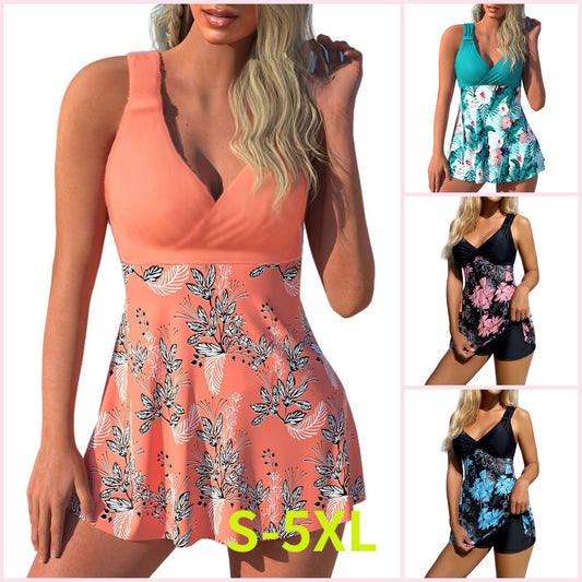 🌴🏖️🌈【S-5XL】😍 Damski zestaw kąpielowy z dużym kwiatowym nadrukiem, szorty, spódniczka do pływania z odkrytymi plecami, materiał szybkoschnący