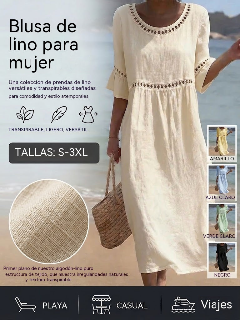 💎2026 Alta calidad💎【S-3XL】Vestido de mujer de algodón y lino, con mangas abullonadas, transpirable, suave y cómodo
