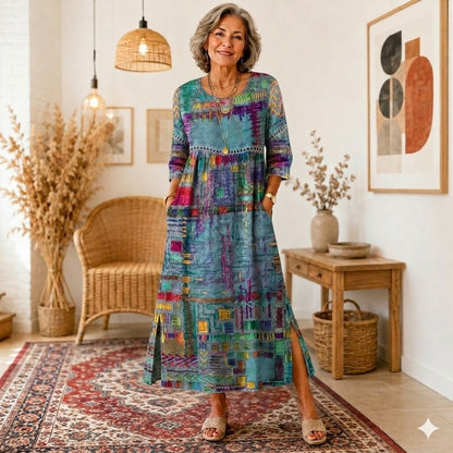 Julieta | Retro elegáns, testhezálló ruha, kerek nyakú, virágmintás maxi ruha
