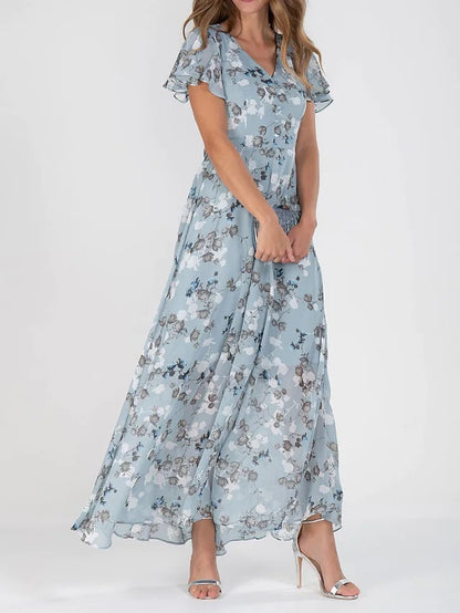 🌷🌷🌷【S-3XL】2026 új virágos sifon ruha fodros, V-nyakú ruhával