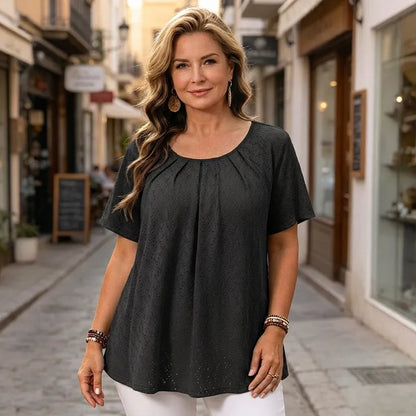 Elegáns női blúz hímzéssel és rakott nyakkivágással, lezser rövid ujjú póló, texturált francia stílusú ing